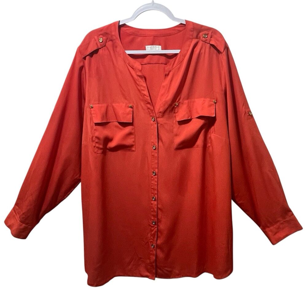 Charter Club Woman Orange Button Up Blouse Roll Tab Sleeve Rust Top Est 3X 2X